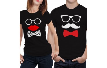 Coppia di magliette t shirt LUI LEI idea regalo baffi papillon occhiali GR387
