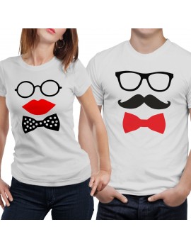 Coppia di magliette t shirt LUI LEI idea regalo baffi papillon occhiali GR387